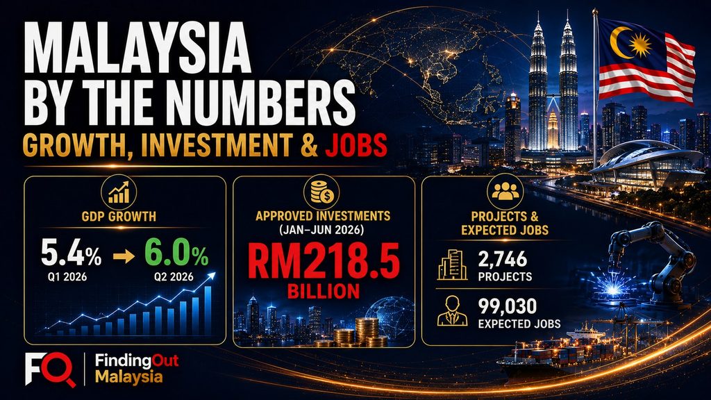 Malaysia economic snapshot showing GDP growth of 5.4% in Q1 2026 and 6.0% in Q2 2026, RM218.5 billion in approved investments, 2,746 projects and 99,030 expected jobs.