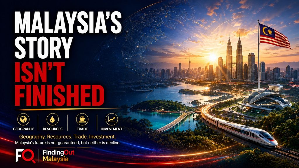 Positive FindingOut Malaysia graphic showing Kuala Lumpur, the Malaysian flag and the message “Malaysia’s Story Isn’t Finished”, highlighting geography, resources, trade and investment.