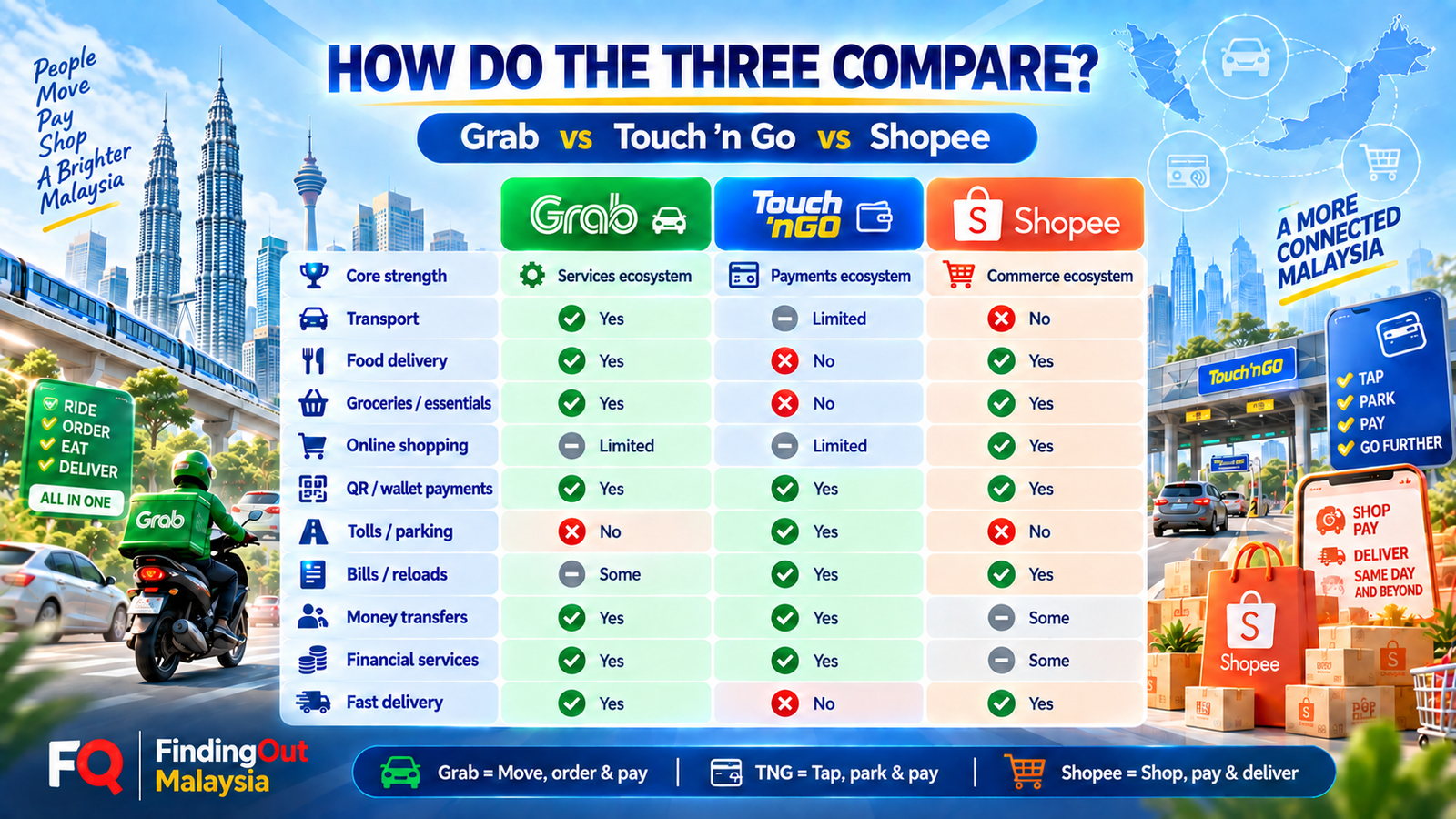 Comparison of Grab, Touch ’n Go and Shopee across transport, delivery, shopping, payments and financial services