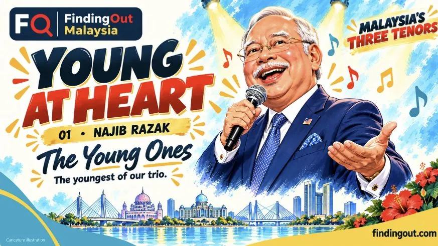 Illustrated card of Najib Razak singing The Young Ones — Young at Heart